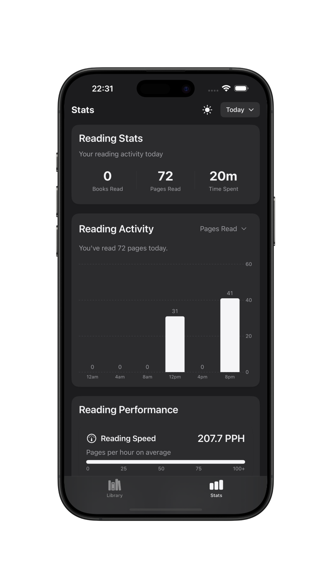 App screenshot in dark mode showing stats