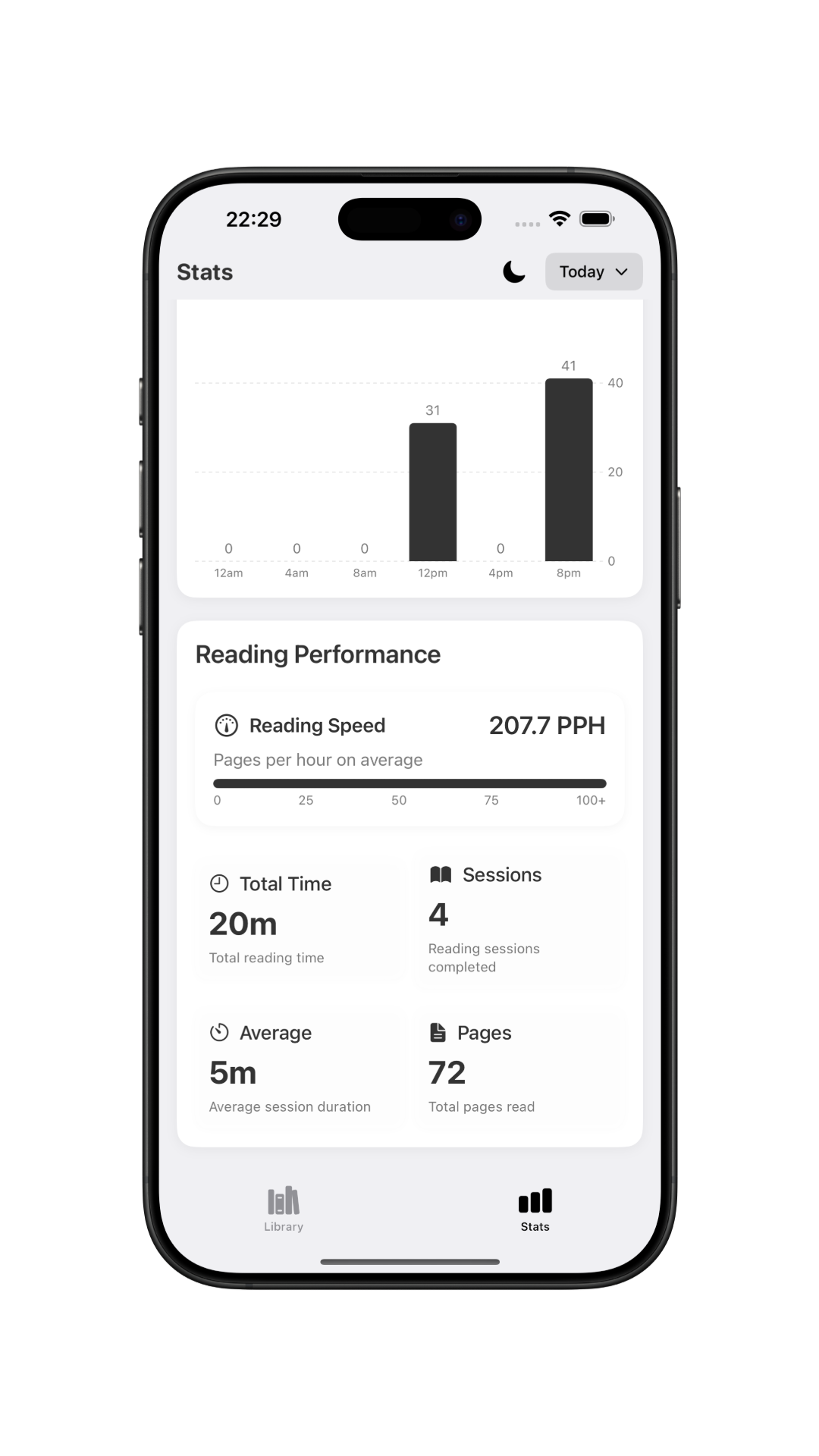 App screenshot in dark mode showing detailed stats
